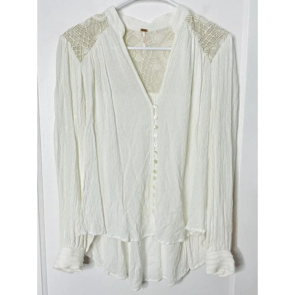 Free People Peasant Blouse S Embroidered Metallic Boho Relaxed Button Up Texture - Picture 1 of 13